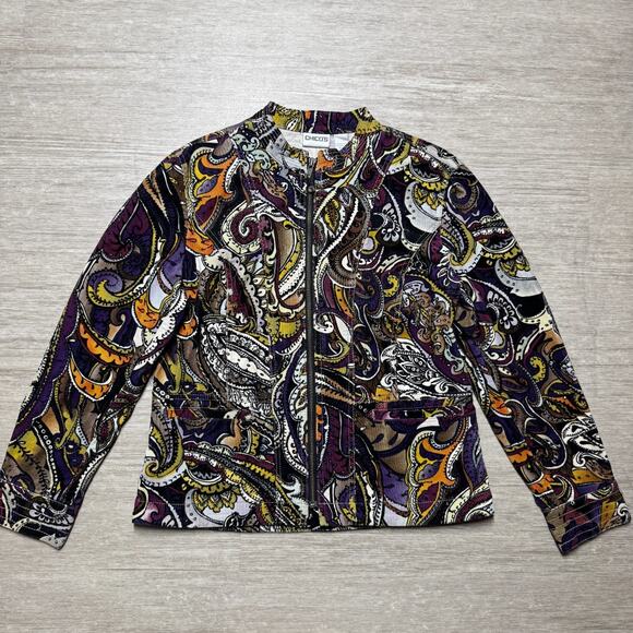 Chico's Paisley Corduroy Jacket Zip Up Size 1 Colorful Art to Wear Boho - Picture 1 of 5